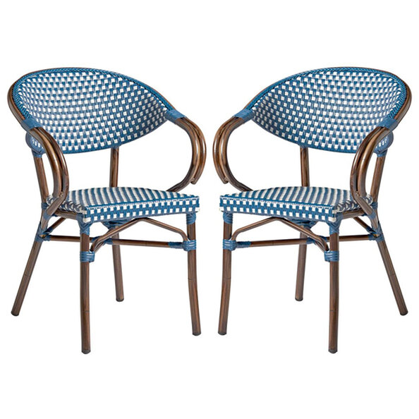 Ponte Outdoor White And Blue Weave Stacking Armchairs In Pair