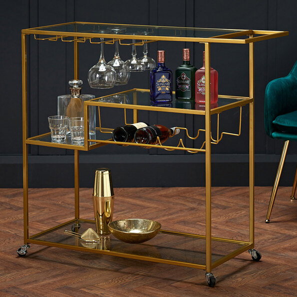 Portia Glass Shelves Drinks Trolley With Gold Frame