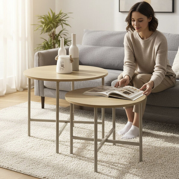 Portima Natural Oak Wooden Nesting Coffee Table with Cashmere Tubular Steel Base