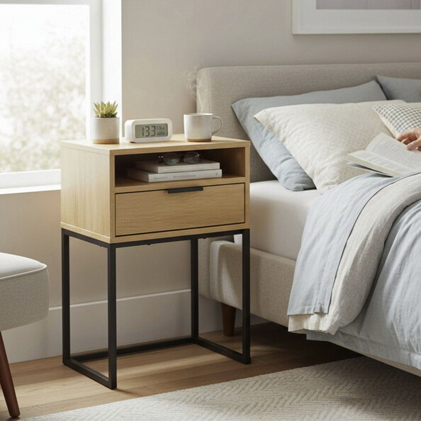 Portima Oak Wooden Bedside Cabinet with Black Tubular Steel Frame