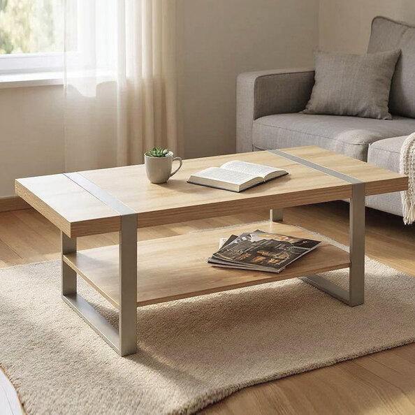 Portima Wooden Coffee Table with Cashmere Tubular Steel Frame in Natural Oak