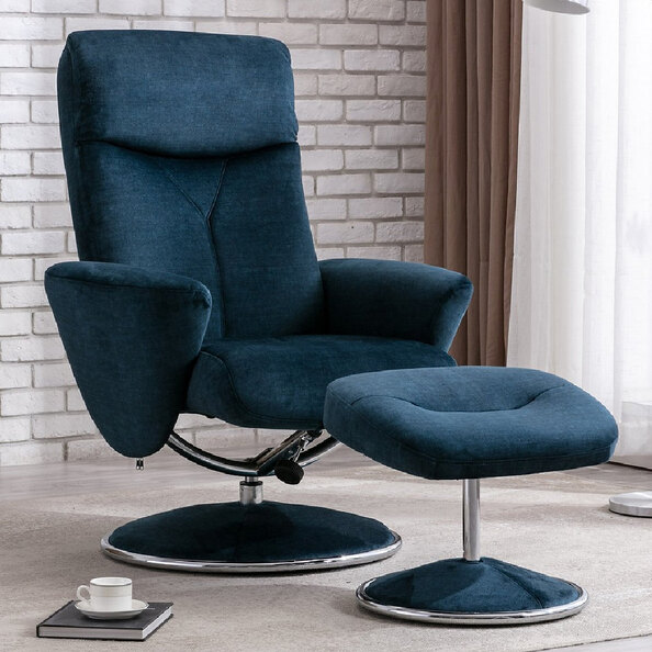 Poznan Fabric Recliner Chair With Stool In Deep Sea