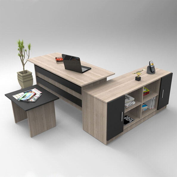Prescott Wooden Corner Computer Desk with Coffee Table Set in Oak and Black