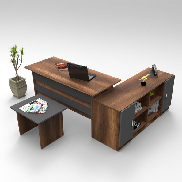 Prescott Wooden Corner Computer Desk with Coffee Table Set in Walnut and Anthracite