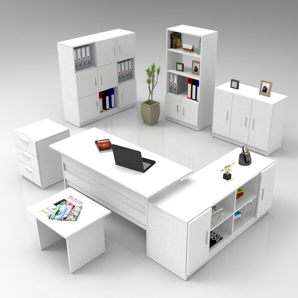 Prescott Wooden Corner Executive Office Furniture Set with 13 Door Storage Unit in White