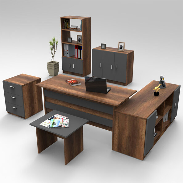 Prescott Wooden Corner Executive Office Furniture Set with 7 Door Storage Unit in Baroque and Anthracite