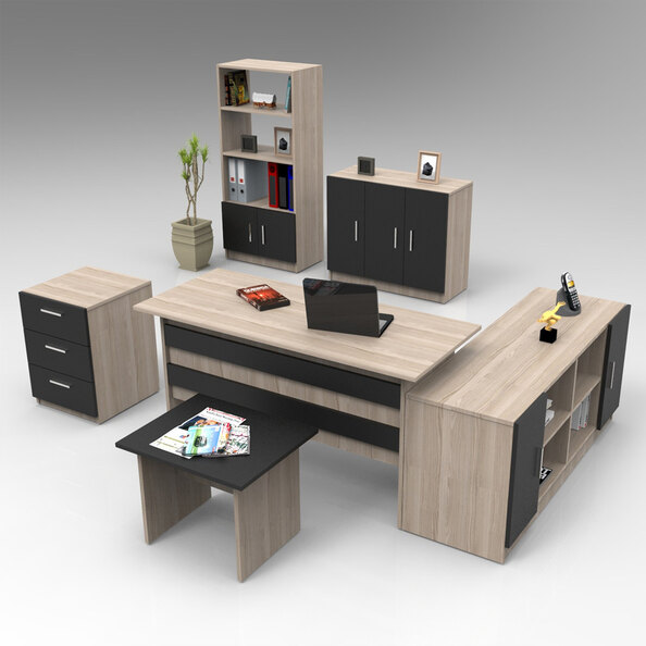Prescott Wooden Corner Executive Office Furniture Set with 7 Door Storage Unit in Oak and Black