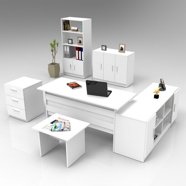 Prescott Wooden Corner Executive Office Furniture Set with 7 Door Storage Unit in White