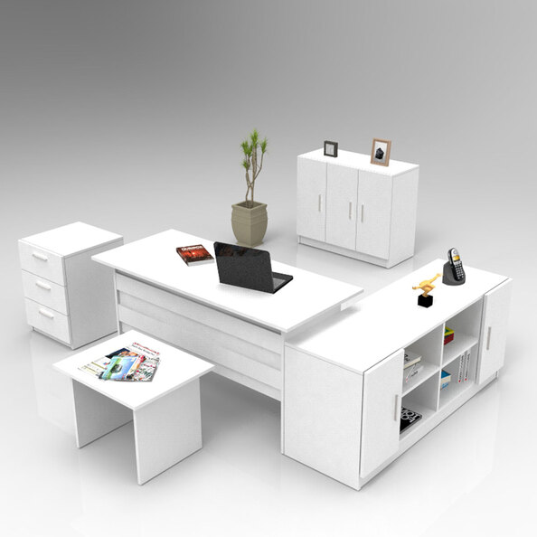 Prescott Wooden Corner Executive Office Furniture Set with Storage Cabinet in White