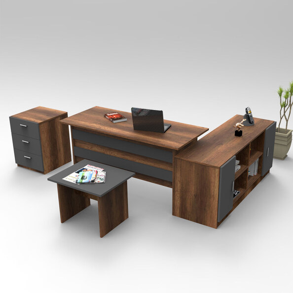 Prescott Wooden Corner Executive Office Furniture Set in Walnut and Anthracite