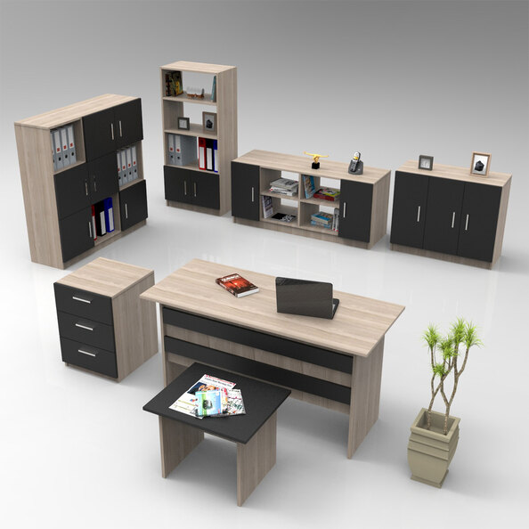 Prescott Wooden Executive Office Furniture Set with 13 Door Storage Unit in Oak and Black