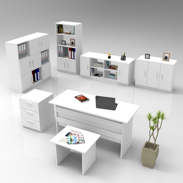 Prescott Wooden Executive Office Furniture Set with 13 Door Storage Unit in White