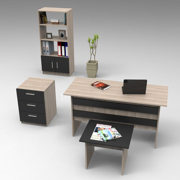 Prescott Wooden Executive Office Furniture Set with Bookcase in Oak and Black