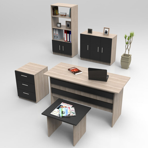 Prescott Wooden Executive Office Furniture Set with Coffee Table in Oak and Black
