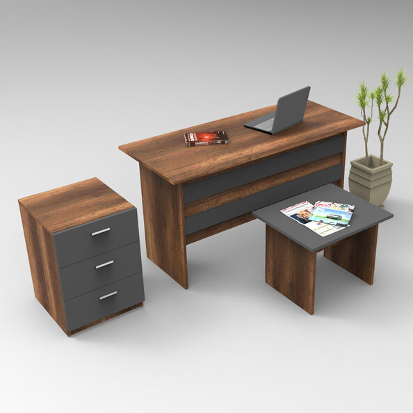 Prescott Wooden Executive Office Furniture Set with Drawer Cabinet in Walnut and Anthracite