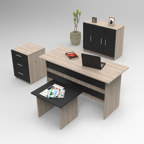 Prescott Wooden Executive Office Furniture Set with Storage Cabinet in Oak and Black