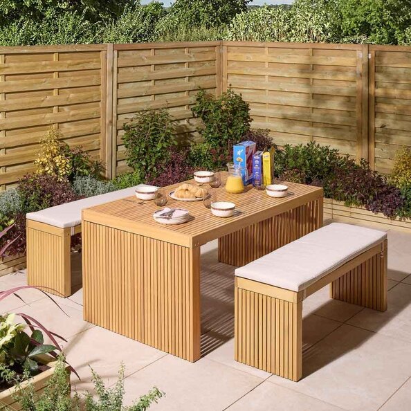 Prestige Wooden Garden Dining Table With 2 Benches and Cushions In Natural
