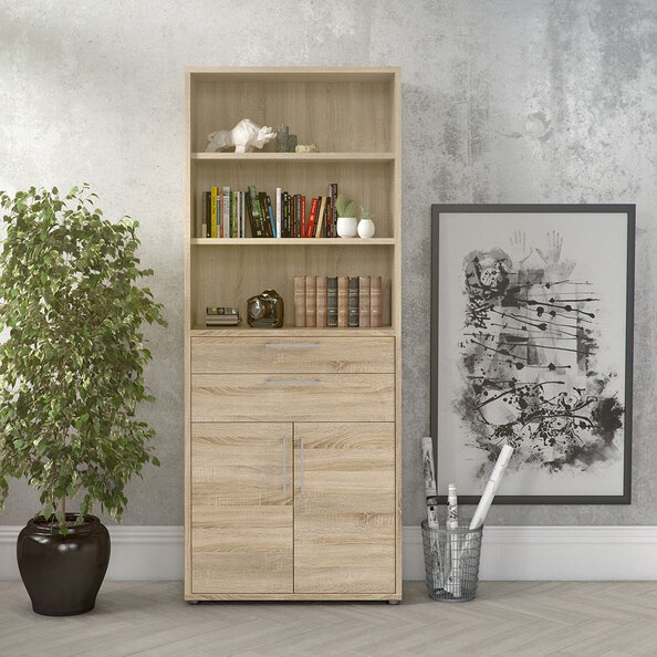 Primora Tall Wooden Office Storage Cabinet with 2 Drawers 2 Doors In Oak