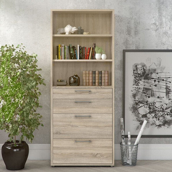Primora Wooden Bookcase with 4 Drawers in Oak