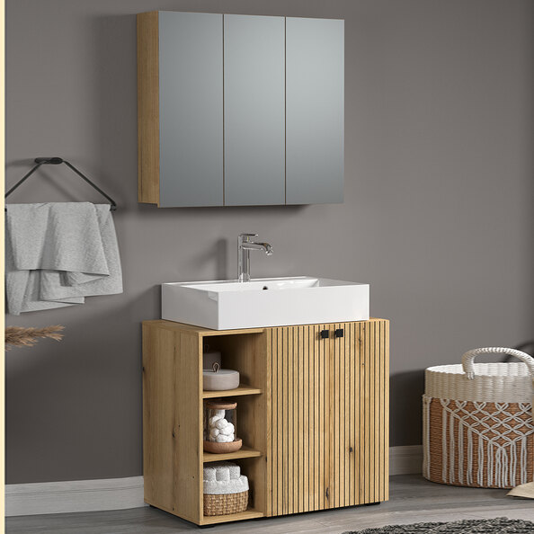 Provence Wooden Vanity Unit with Mirror with 3 Shelevs in Evoke Oak