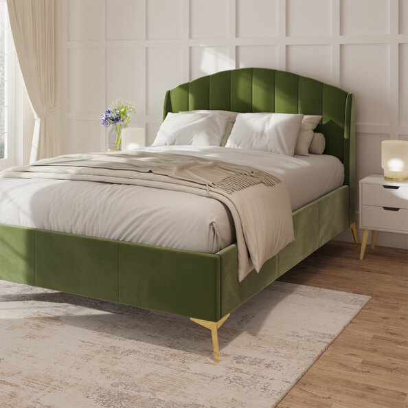 Pulford Velvet Ottoman Storage Double Bed In Green