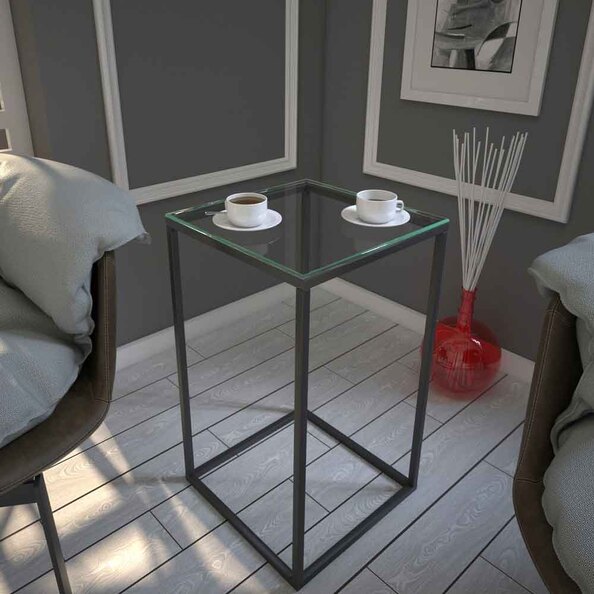 Pure Glass Top Side Table with Metal Frame in Black