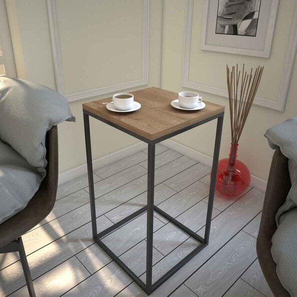 Pure Wooden Side Table with Black Metal Frame in Caucasian Oak