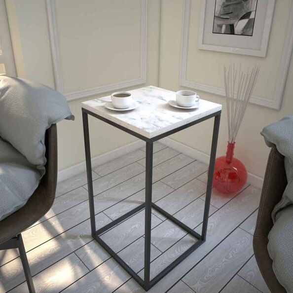 Pure Wooden Side Table with Black Metal Frame in White Marble Effect