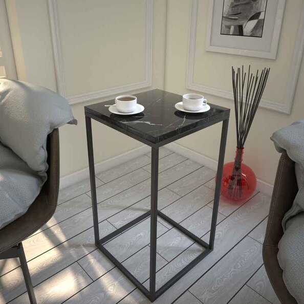 Pure Wooden Side Table with Metal Frame in Black Marble Effect