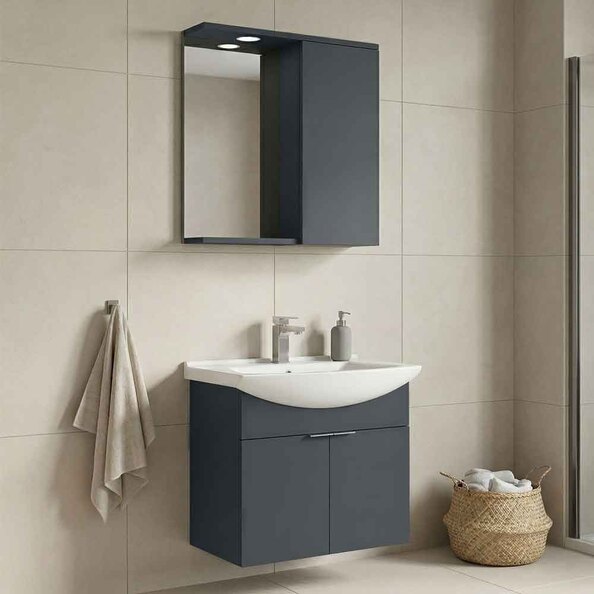 Purus 650mm Wooden Wall Mounted Bathroom Furniture Set with 3 Doors in Matte Anthracite