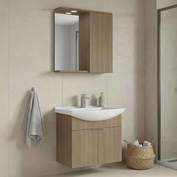 Purus 650mm Wooden Wall Mounted Bathroom Furniture Set with 3 Doors in Oak