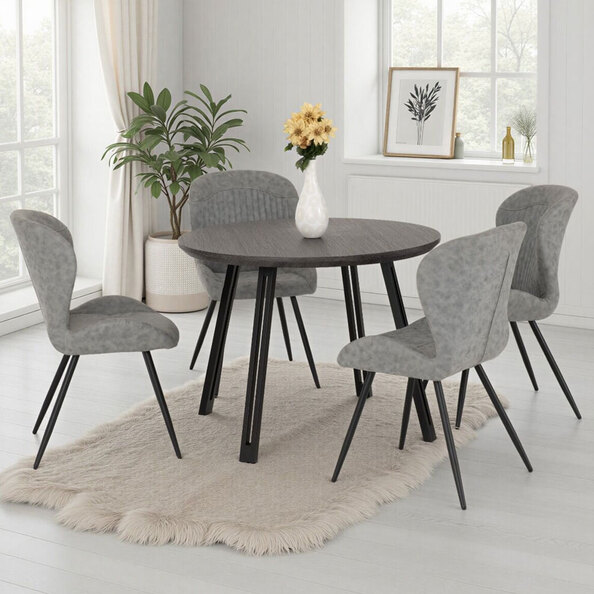 Qinson Round Black Wooden Dining Table with 4 Grey Faux Leather Chairs