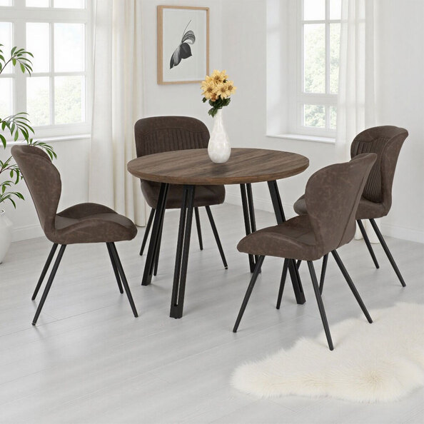 Qinson Round Medium Oak Wooden Dining Table with 4 Brown Faux Leather Chairs