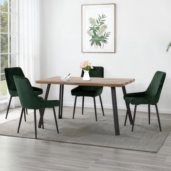 Qinson Wave Edge Oak Wooden Dining Table with 4 Avah Emerald Green Velvet Chairs