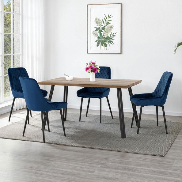 Qinson Wave Edge Oak Wooden Dining Table with 4 Avah Sapphire Blue Velvet Chairs