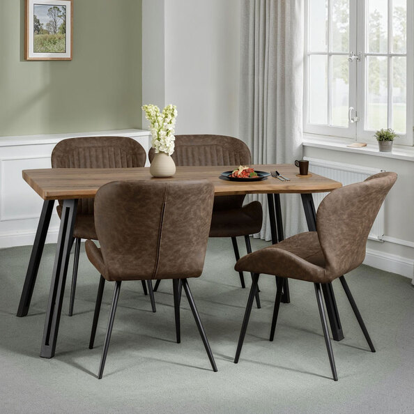 Qinson Wave Edge Oak Wooden Dining Table with 4 Brown Faux Leather Chairs