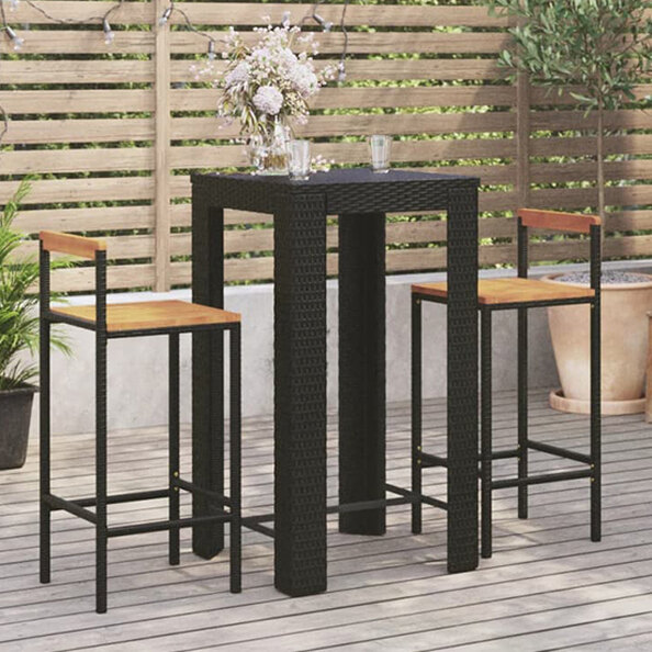 Quest Solid Wood 3 Piece Garden Bar Set In Black Poly Rattan