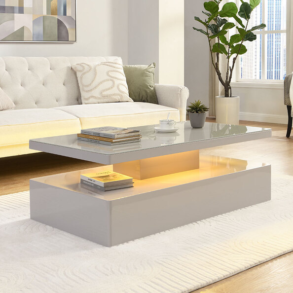 Quinton Glass Top High Gloss Coffee Table in Cashmere with LED
