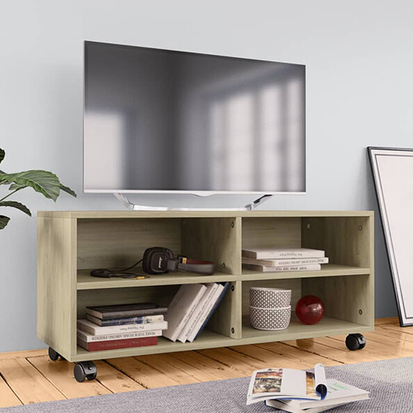 Qusay Wooden TV Stand With Castors In Sonoma Oak