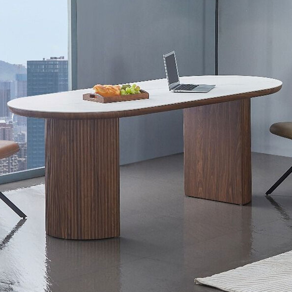 Raelio White Sintered Stone Top Dining Table with Walnut Wooden Base