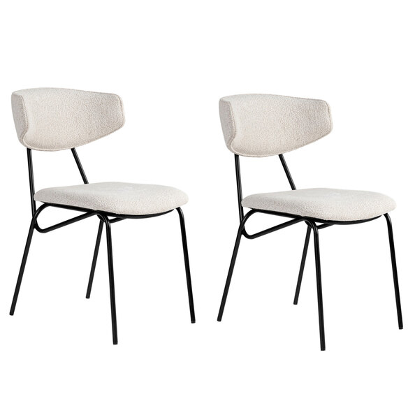 Raleo White Fabric Dining Chairs with Black Metal Legs in Pair
