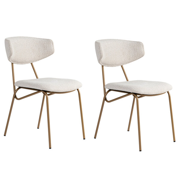 Raleo White Fabric Dining Chairs with Gold Metal Legs in Pair