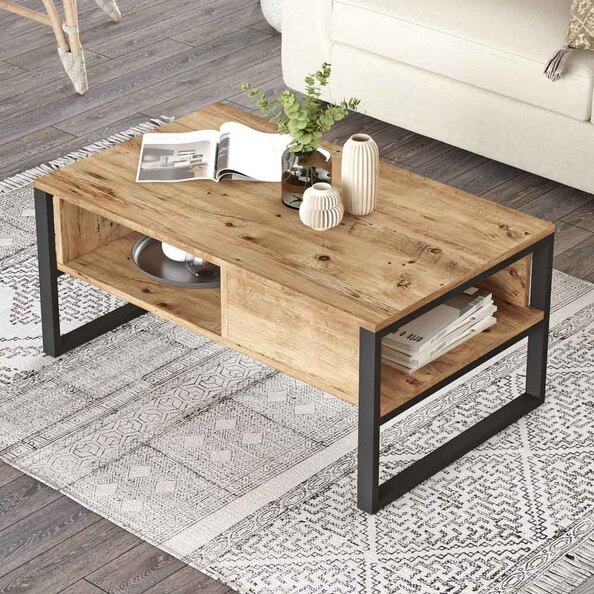 Raleo Wooden Coffee Table with Metal Frame in Atlantic Pine