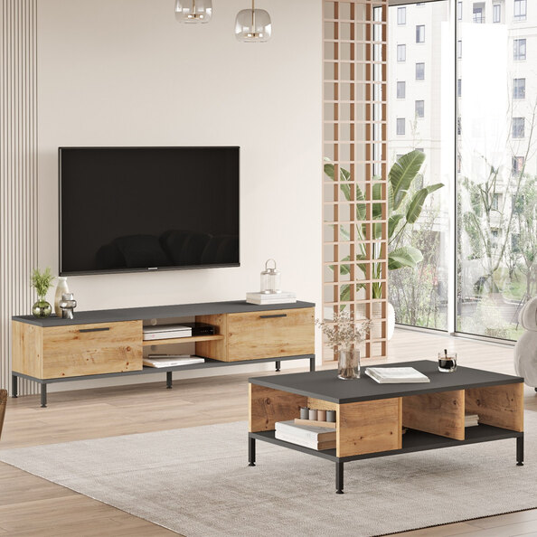 Rarvo Wooden TV Stand and Coffee Table Set in Atlantic Pine and Anthracite