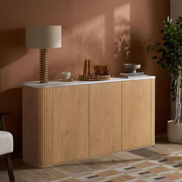 Ratro White Marble Effect Top Sideboard with Oak Wooden Base