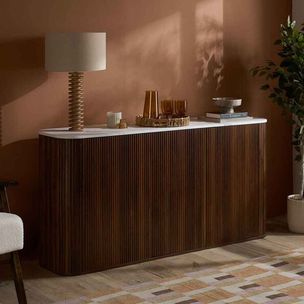 Ratro White Marble Effect Top Sideboard with Walnut Wooden Base