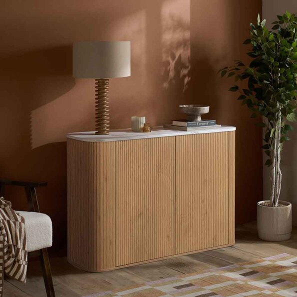 Ratro White Marble Effect Top Storage Cabinet with Oak Wooden Base