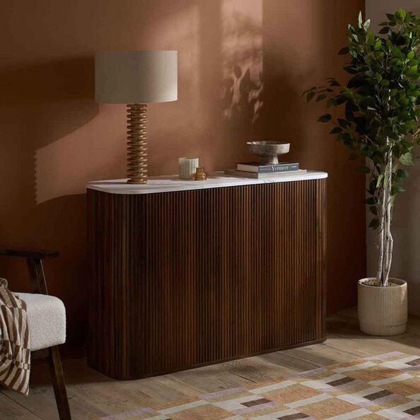 Ratro White Marble Effect Top Storage Cabinet with Walnut Wooden Base