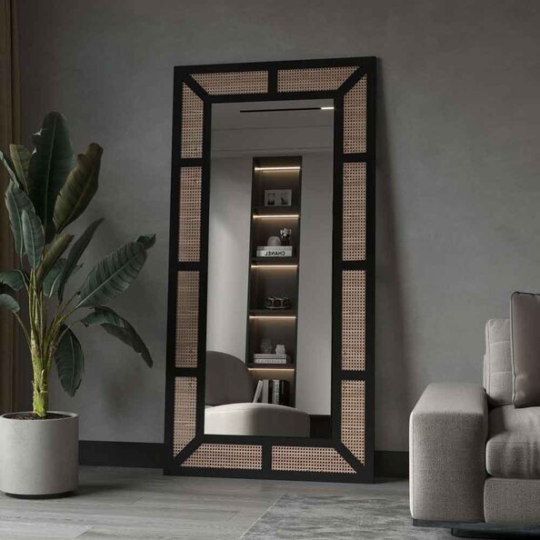 Rattan Glass Cheval Mirror with Black Metal Frame