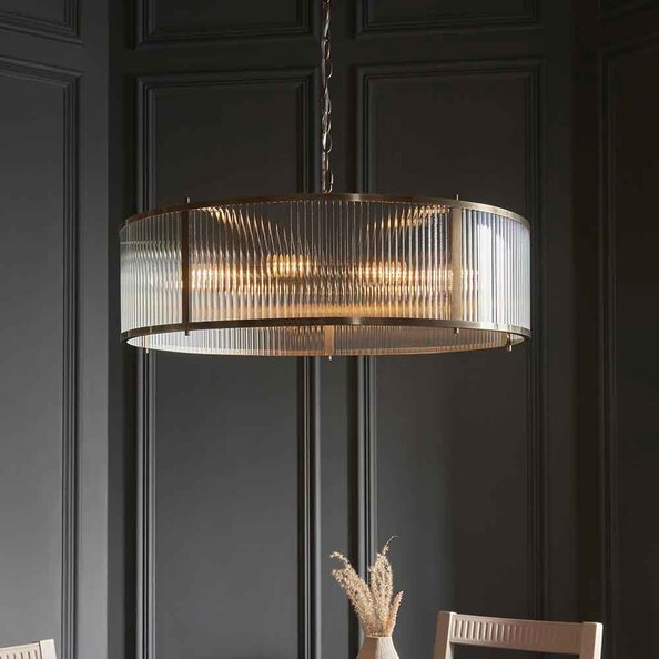 Redington Ribbed Glass Metal Ceiling Pendant Light in Antique Brass
